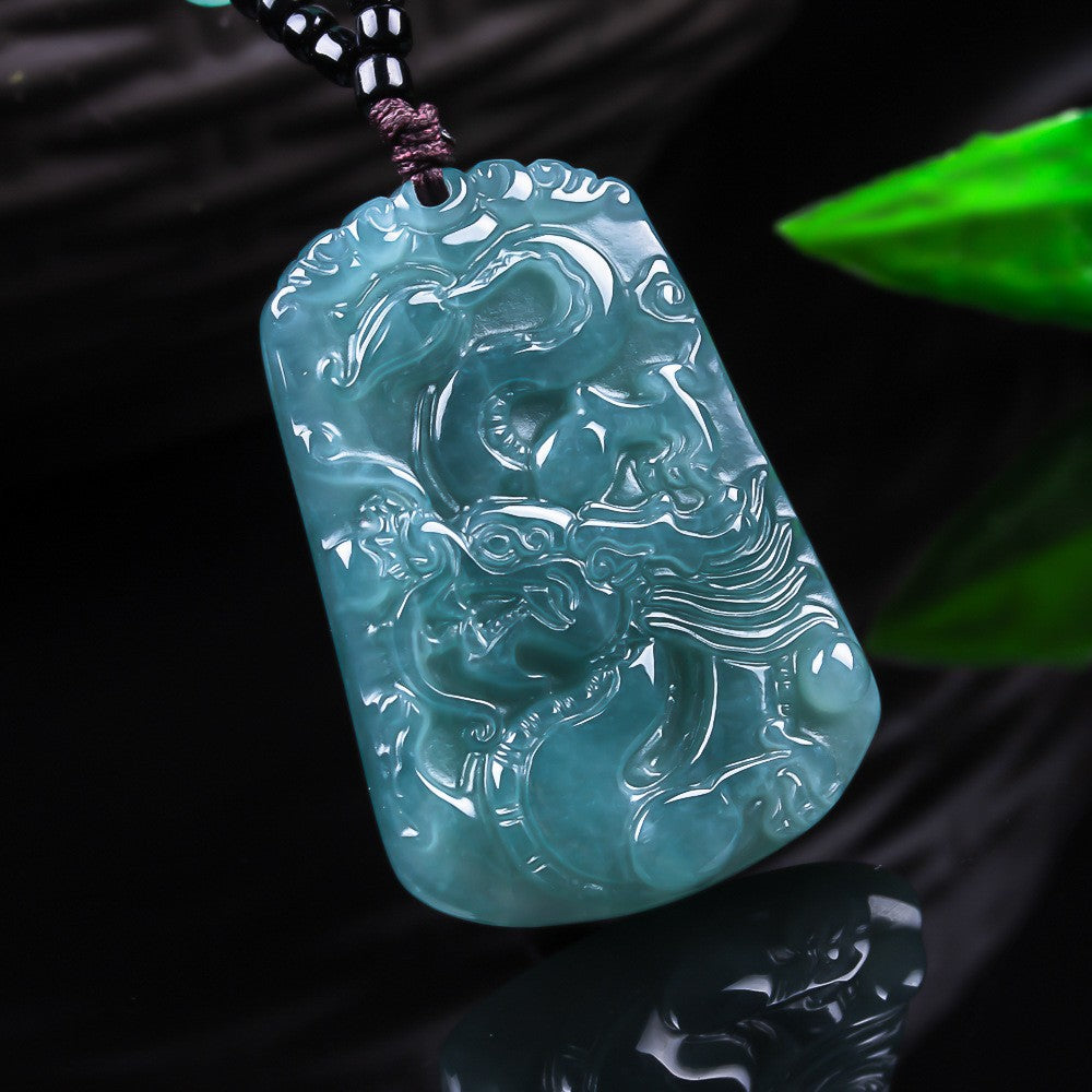 Authentic A-grade jade blue water ice type dragon plaque floating garden pearl necklace exquisite jade jewelry pendant