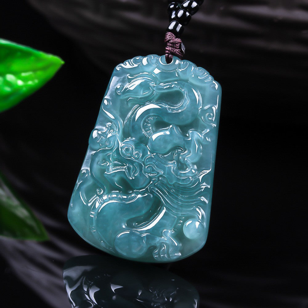 Authentic A-grade jade blue water ice type dragon plaque floating garden pearl necklace exquisite jade jewelry pendant