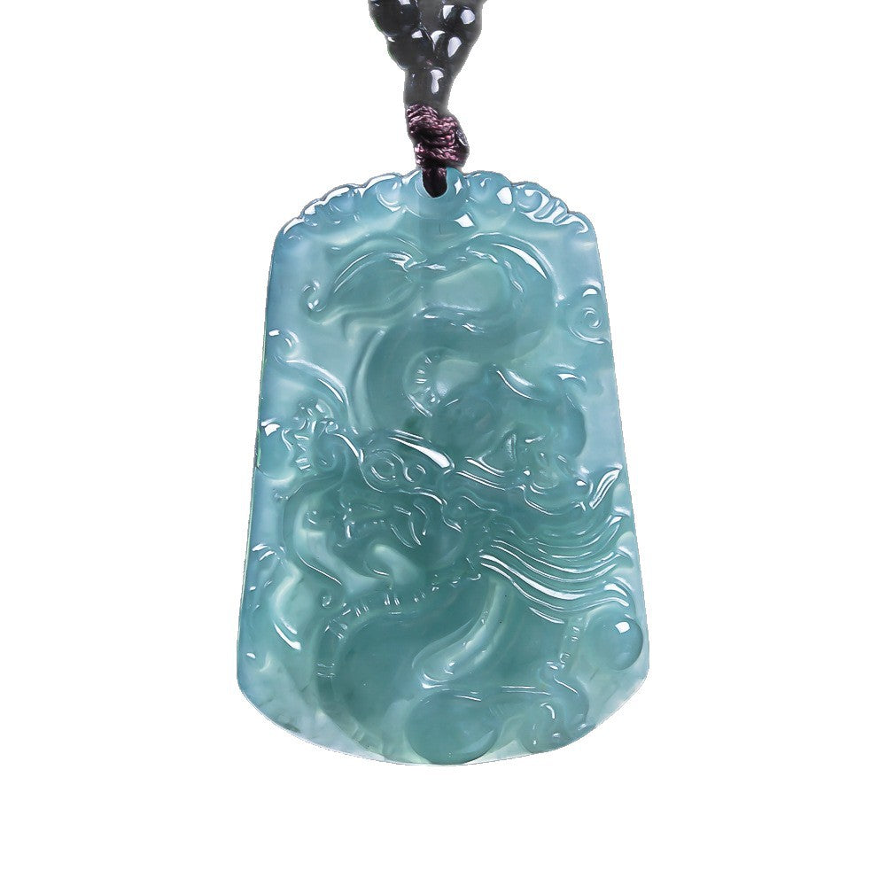 Authentic A-grade jade blue water ice type dragon plaque floating garden pearl necklace exquisite jade jewelry pendant
