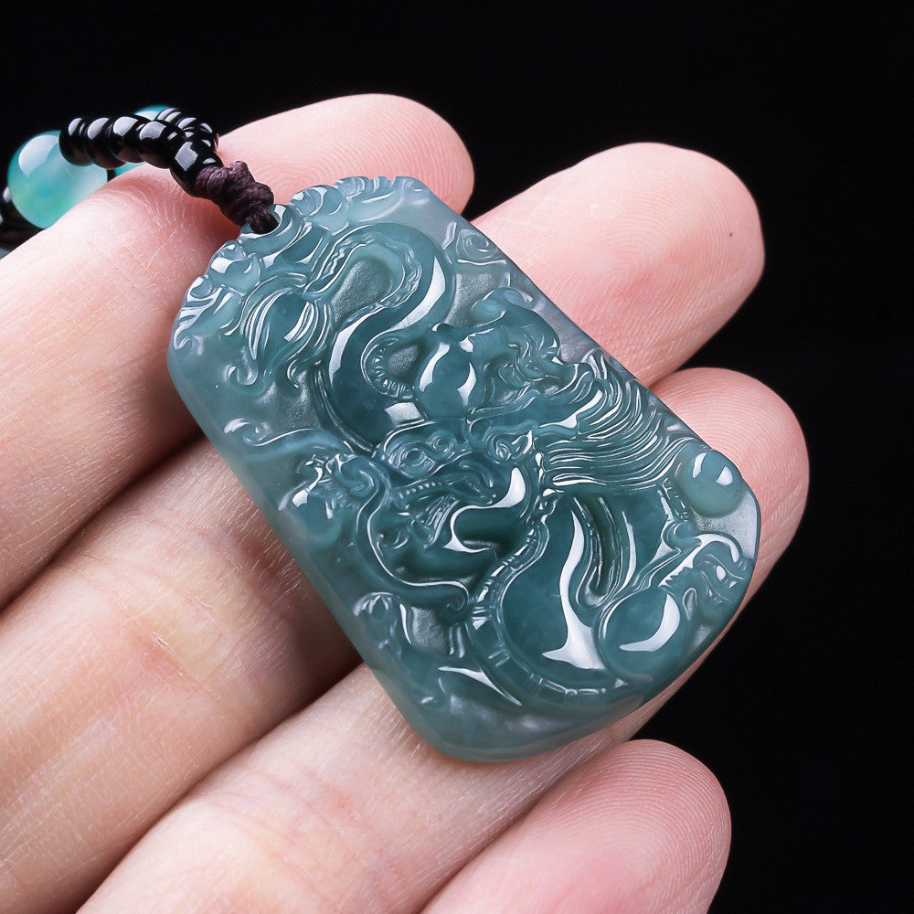 Authentic A-grade jade blue water ice type dragon plaque floating garden pearl necklace exquisite jade jewelry pendant